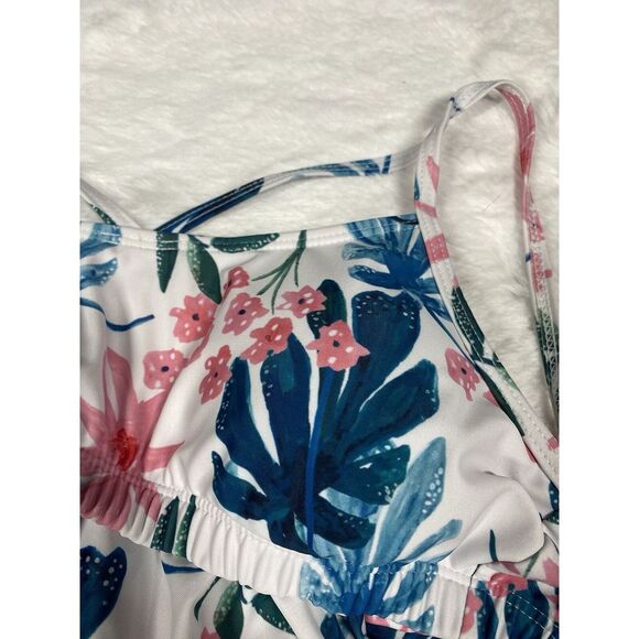 Bikini Top Size Medium Floral White Ruffled Tie Back 3443 Beach Pool - Picture 2 of 14